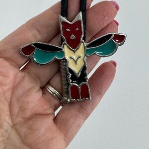 Vintage Metal Bolo Tie Nice Silver Tone Bird with Nice Enamel Design Native